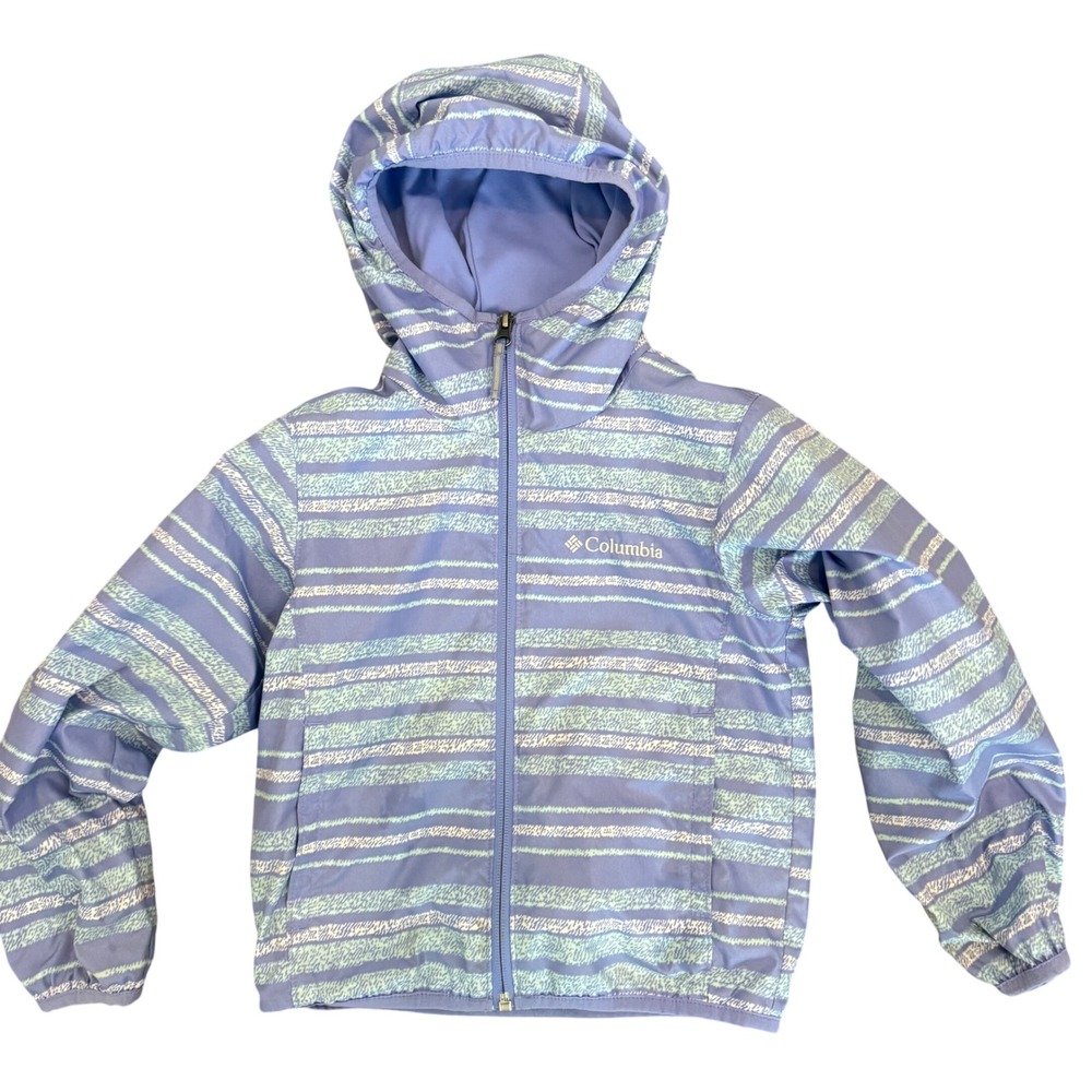 Columbia Kids XXS 4/5 Omni-Wick Hooded Windbreaker Jacket Purple Mint Stripe